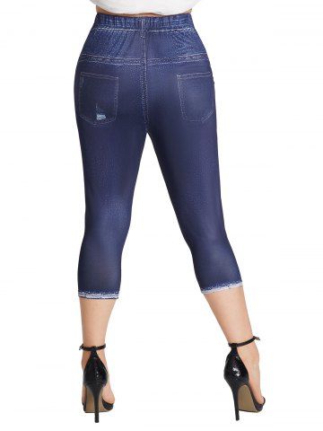 Legging Capri a Imprime 3D Jean a Carreaux a Taille Elastique De Grande Taille En Bleu Profond Rosegal France
