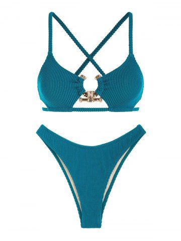 Textured Metal Hardware Criss Cross High Leg Cheeky Bikini Swimwear - BLUE - XS
