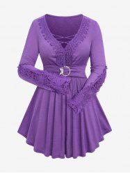 Plus Size Floral Lace Panel Ruched Crisscross Butterfly Buckle T-shirt - 3x | Us 22-24 