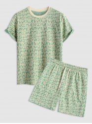 Floral Checks Jacquard Textured Crew Neck Short Sleeves T Shirt Drawstring Shorts Two Piece Set -  