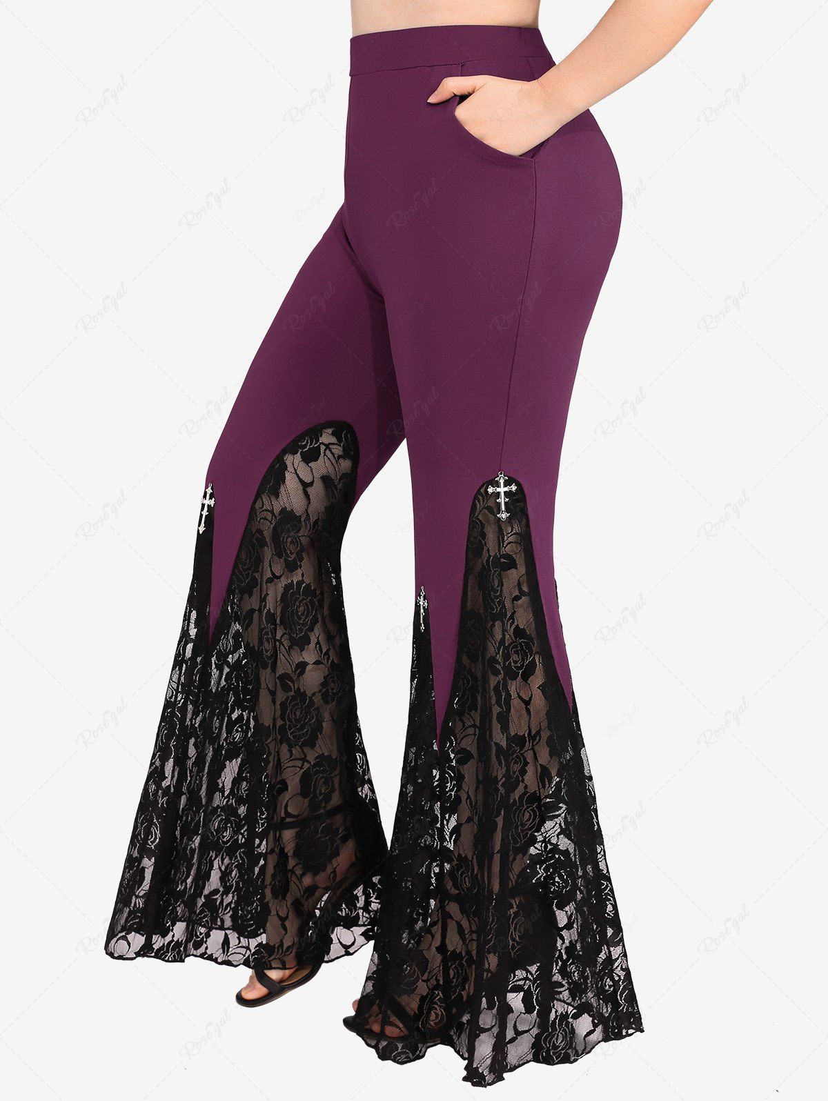 Online Plus Size Floral Lace Cross Pendant Pockets Flare Pants  