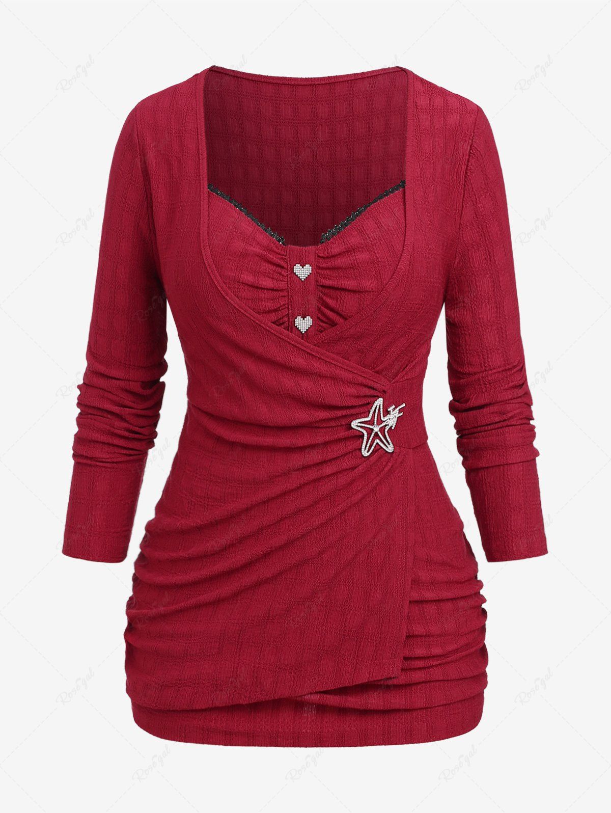T-shirt Bouclé Plissé Etoile de Mer de Grande Taille Rouge foncé M | US 10