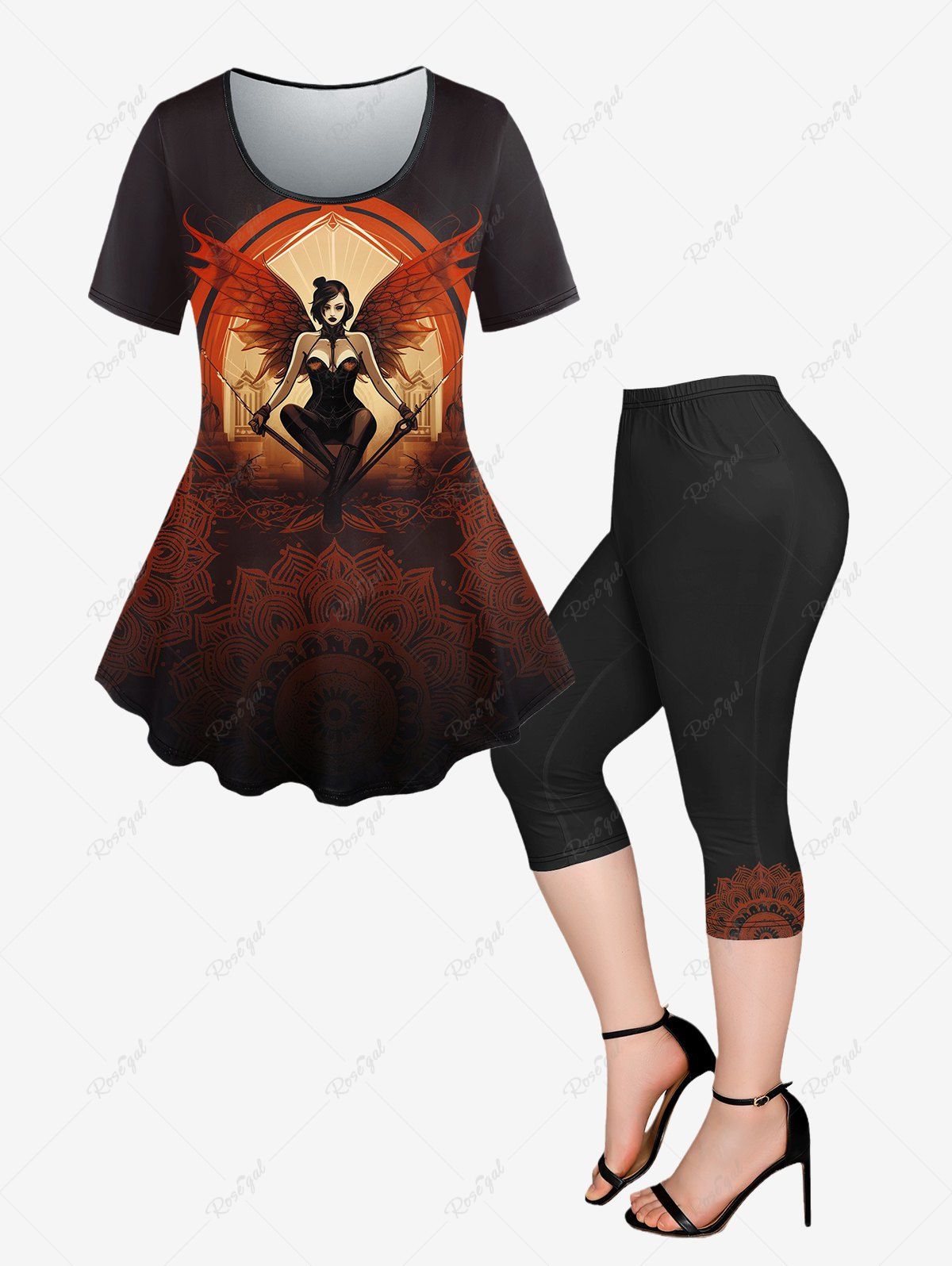 Store Gothic Paisley Figure Girl Wings Printed T-shirt and Pockets Capri Leggings Outfit  