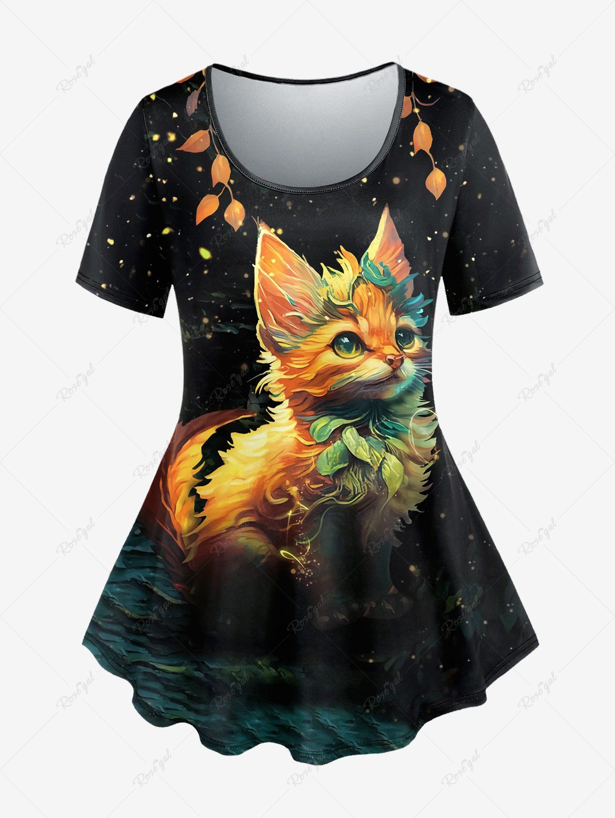 Chic Plus Size Cat Leaf Glitter Print Short Sleeves T-shirt  