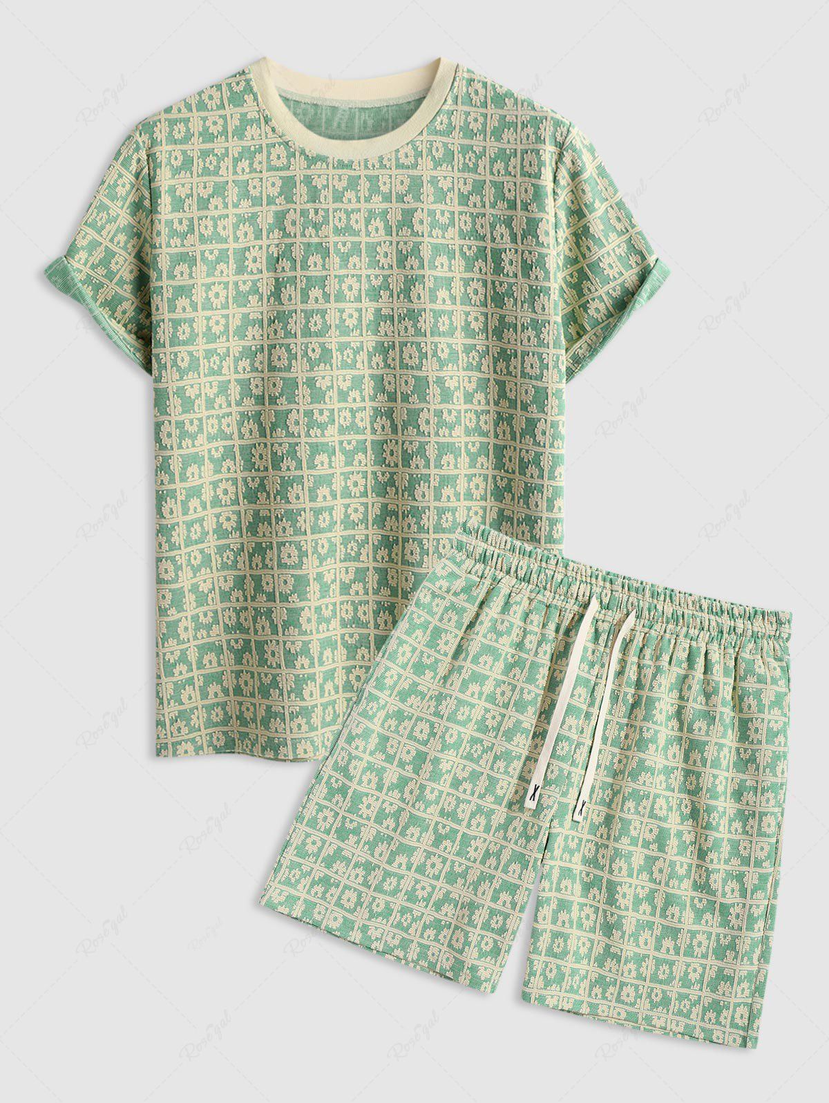 Affordable Floral Checks Jacquard Textured Crew Neck Short Sleeves T Shirt Drawstring Shorts Two Piece Set  