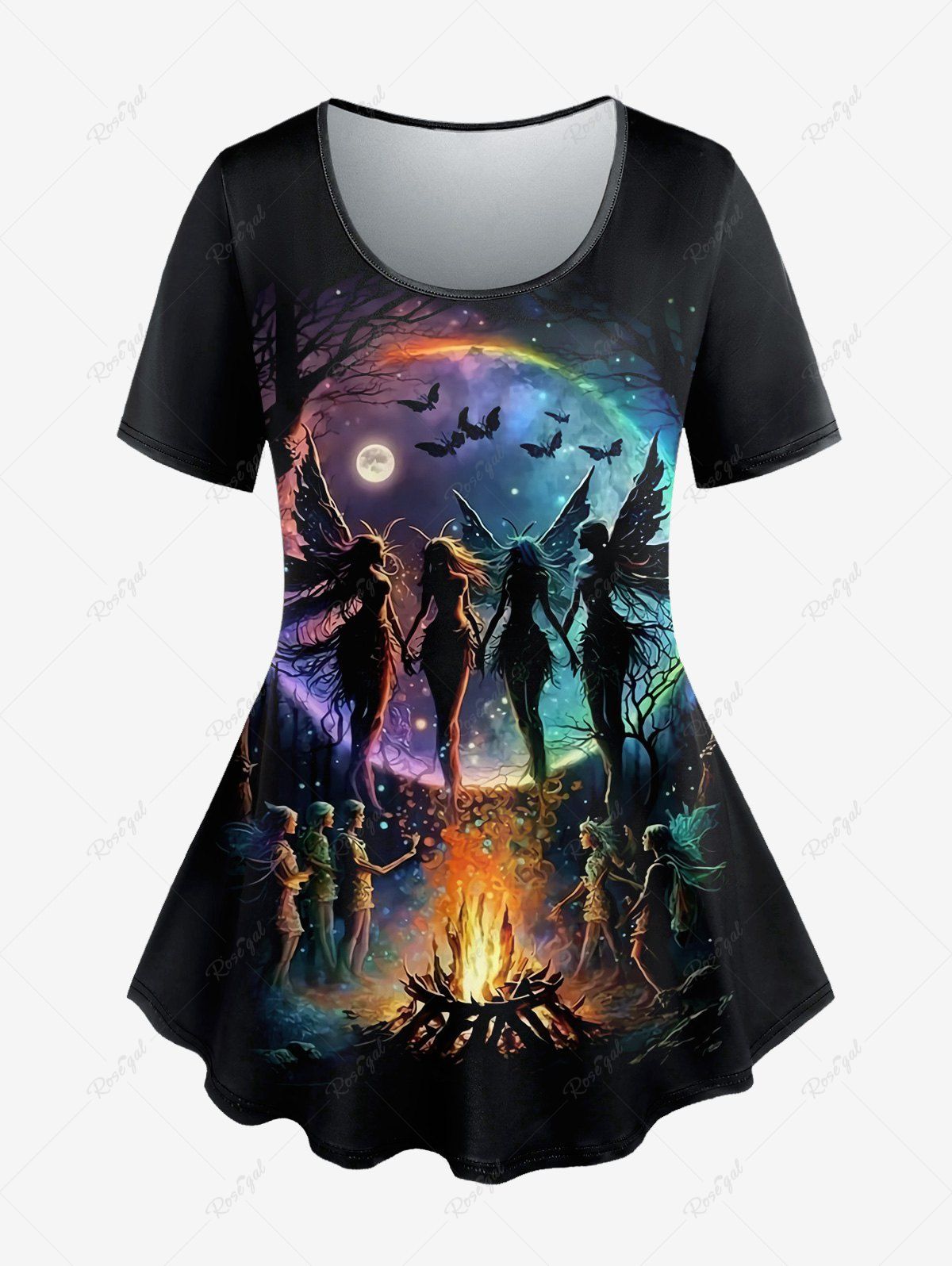 Unique Gothic Butterfly Angel Bat Moon Tree Fire Print Short Sleeves T-shirt  