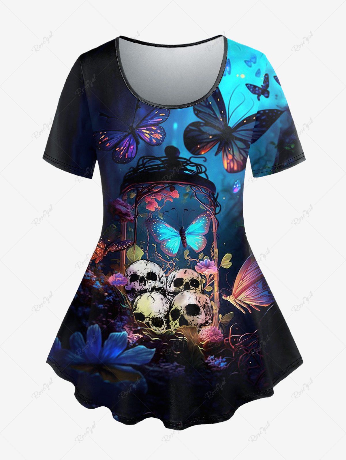 Fashion Gothic Skulls Butterfly Plant Glitter Print Short Sleeves T-shirt  
