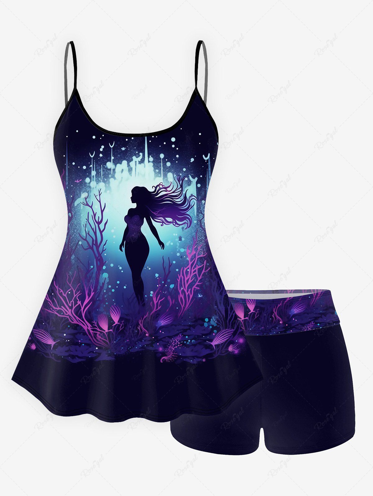 Fashion Gothic Mermaid Plant Glitter Print Tankini Swimsuit (Adjustable Shoulder Strap)  
