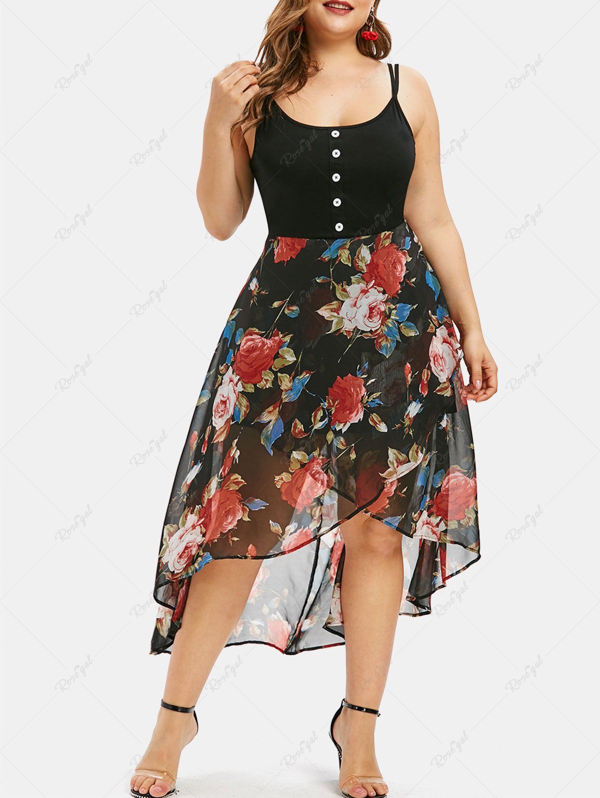 Outfit Plus Size Flower Print Buttons Tulip Hem Cami Dress  