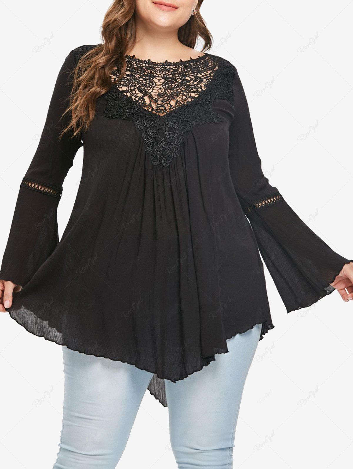 Plus Size Hollow Out Lace Panel Asymmetrical Ruched Blouse - L | Us 12