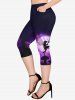 Galaxy Angel Moon Plant Print Short Sleeves T-shirt and Capri Leggings Plus Size Outfits -  