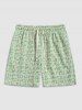 Floral Checks Jacquard Textured Crew Neck Short Sleeves T Shirt Drawstring Shorts Two Piece Set -  