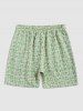 Floral Checks Jacquard Textured Crew Neck Short Sleeves T Shirt Drawstring Shorts Two Piece Set -  