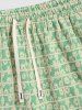Floral Checks Jacquard Textured Crew Neck Short Sleeves T Shirt Drawstring Shorts Two Piece Set -  