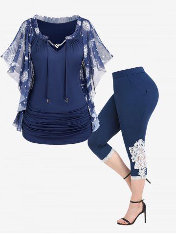 Sun Moon Star Printed Ruched Drawstring Chain Panel Butterfly Sleeve T-Shirt and Contrast Lace Panel Leggings with Pocket Plus Size Outfit