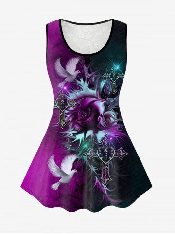 Plus Size Lace Insert Flower Pigeon Cross Colorblock Print Tank Top - BLACK - 6X