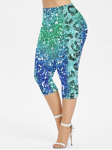 Plus Size Sparkling Sequin Print Capri Leggings - GREEN - M
