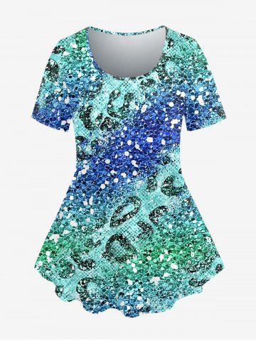 Plus Size Sequins Print Short Sleeves T-shirt - GREEN - 3X