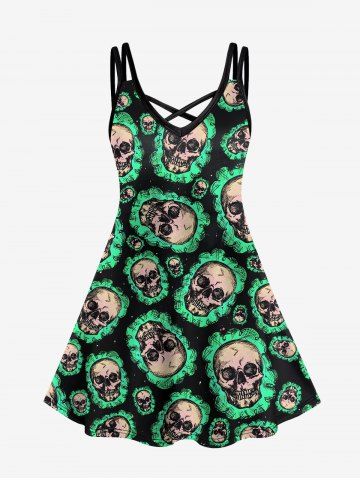 Gothic Skull Print Crisscross Cami Dress - GREEN - 1X