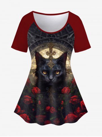Gothic Rose Cat Print Short Sleeves T-shirt - RED - XS