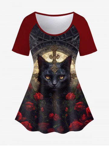 Gothic Rose Cat Print Short Sleeves T-shirt - RED - S