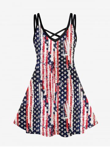 Plus Size Patriotic American Flag Print Crisscross Cami Dress - RED - L