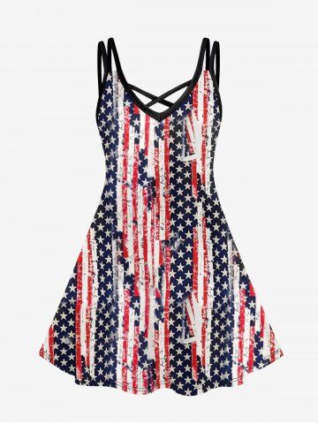 Plus Size Patriotic American Flag Print Crisscross Cami Dress - RED - 2X