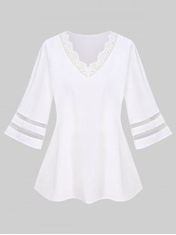 Plus Size Mesh Striped Sleeves Eyelash Lace Trim T-shirt - WHITE - XL
