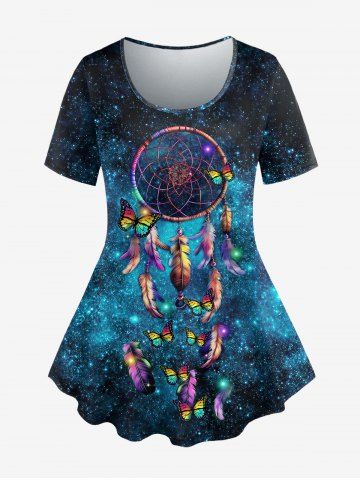 Plus Size Galaxy Feather Dreamcatcher Butterfly Print Short Sleeves T-shirt - DEEP BLUE - 6X