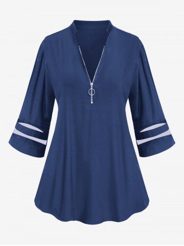 Plus Size Zipper Lace Stripe Short Sleeves T-shirt - BLUE - 2XL