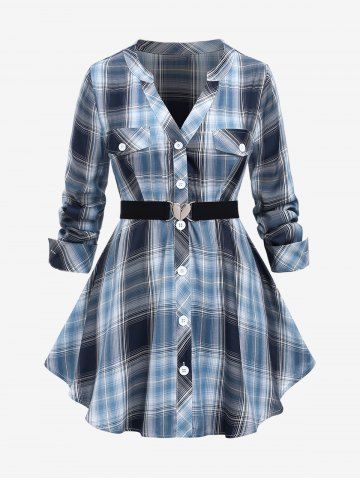 Chemisier Cœur Imprimé Bouclé à Carreaux avec Bouton de Grande Taille - DEEP BLUE - 4X | US 26-28