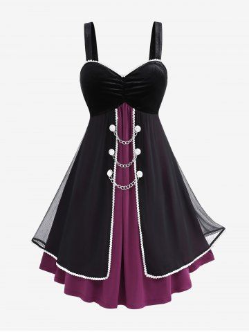 Robe Vintage Superposée Plissée Chaîne à Ourlet en Dentelle de Grande Taille