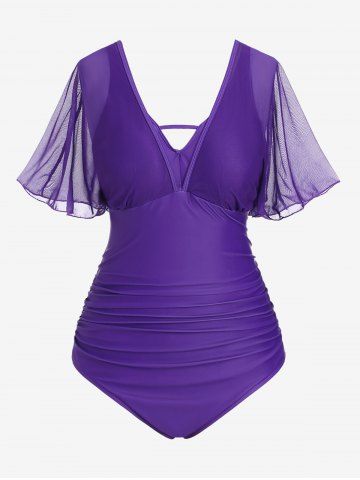 Plus Size Ruched Mesh Sleeves One-piece Swimsuit - PURPLE - M | US 10