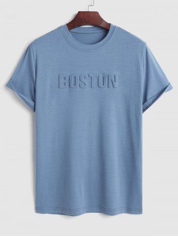 Men's Basic BOSTON Letter Printed 3D Embossed Design Short Sleeves Round Neck T-shirt - BLUE - M