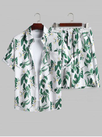 Men's Two Pieces Set Tropical Floral Plant Printed Short Sleeves Button Up Front Pocket Design Shirt and Drawstring Shorts for Vacation - LIGHT GREEN - XL