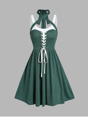 Colorblock Lace Up Tied Heathered Halter Neck Casual A Line Dress - DEEP GREEN - M