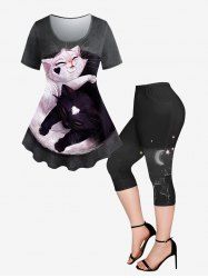 Plus Size Cats Printed Short Sleeves T-shirt and Pockets Capri Leggings Outfit -  