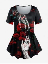 T-shirt Imprimé Rose Squelette Main à Manches Courtes Grande Taille - Rouge 6X