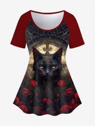 T-shirt Gothique Rose Chat Imprimés à Manches Courtes - Rouge 5X