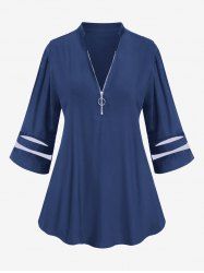 Plus Size Zipper Lace Stripe Short Sleeves T-shirt -  
