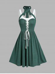 Colorblock Lace Up Tied Heathered Halter Neck Casual A Line Dress -  