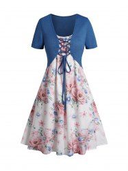 Flower Print Sphaghetti Strap Dress and Lace Up Cropped Top Outfit -  