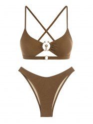 Sexy Cut Out Criss Cross Tie Back O Ring Metal Glitter Metallic Cheeky Bikini Set Swimwear -  
