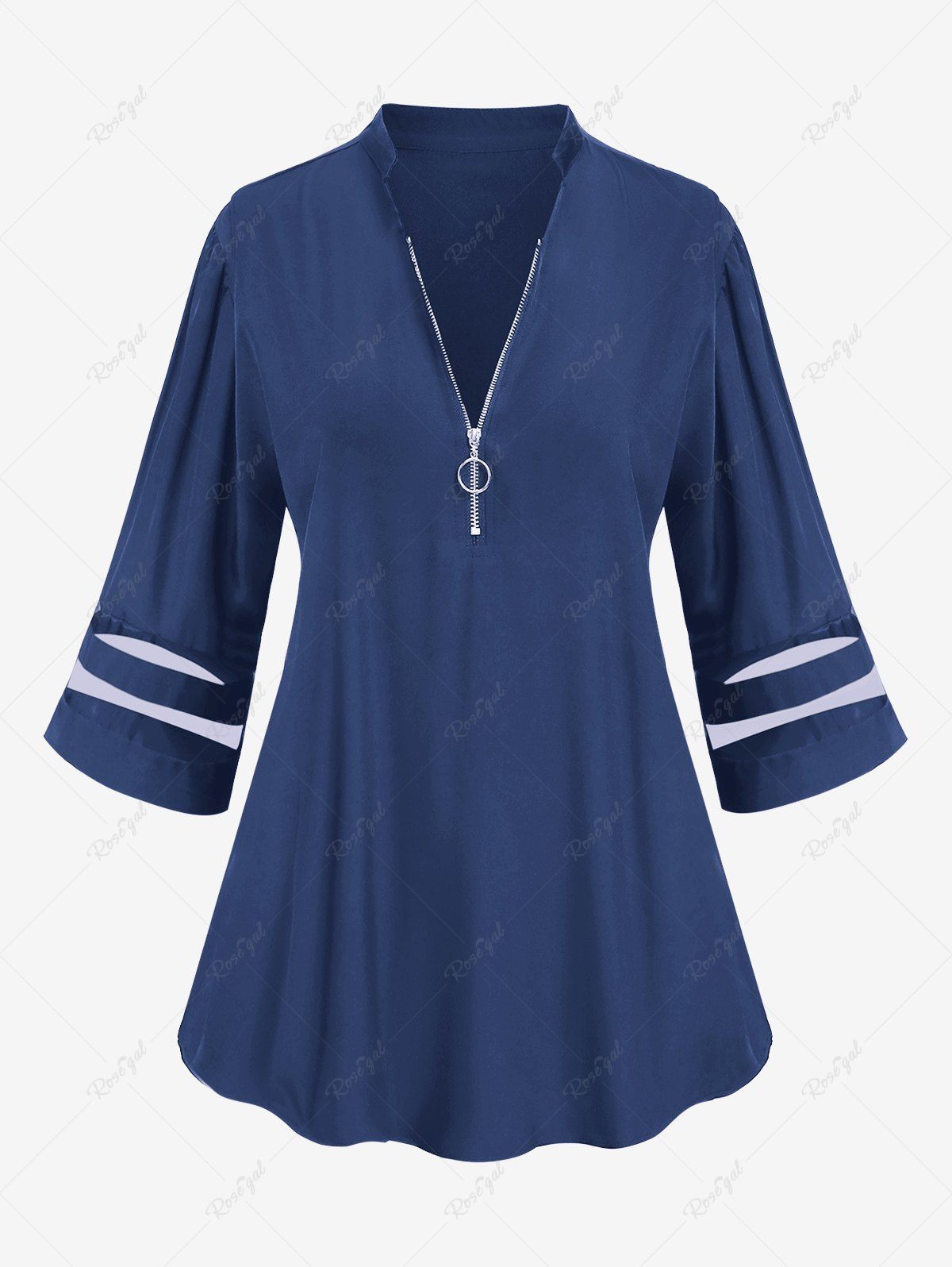 T-shirt Rayé Zippé en Dentelle de Grande Taille à Manches Courtes Bleu XL