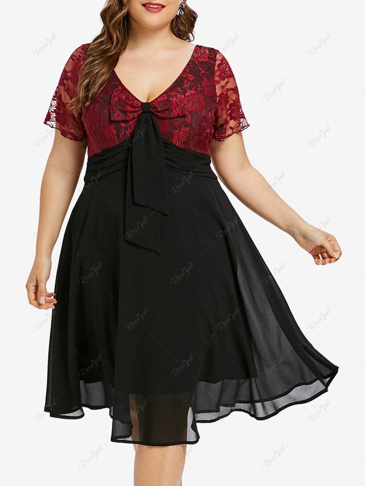 Sale Plus Size Floral Lace Bowknot Embellished Layered Dress  