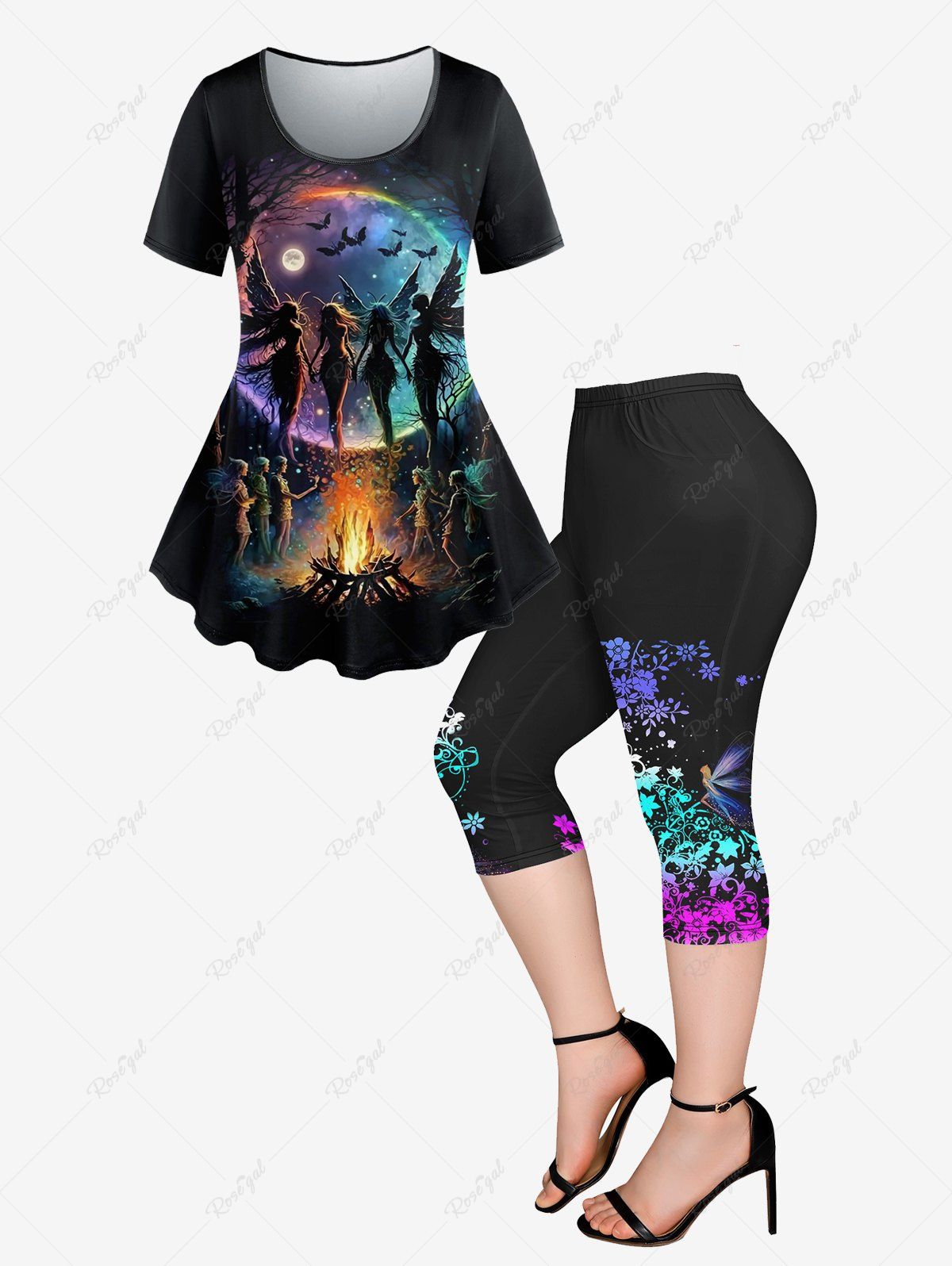 New Butterfly Angel Bat Moon Tree Fire Print Short Sleeves T-shirt And  Capri Leggings Gothic Outfit  