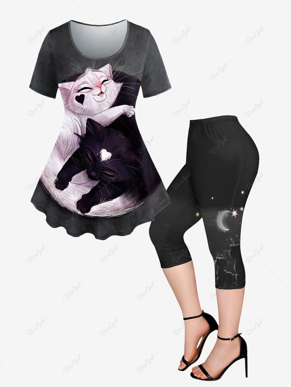 Sale Plus Size Cats Printed Short Sleeves T-shirt and Pockets Capri Leggings Outfit  