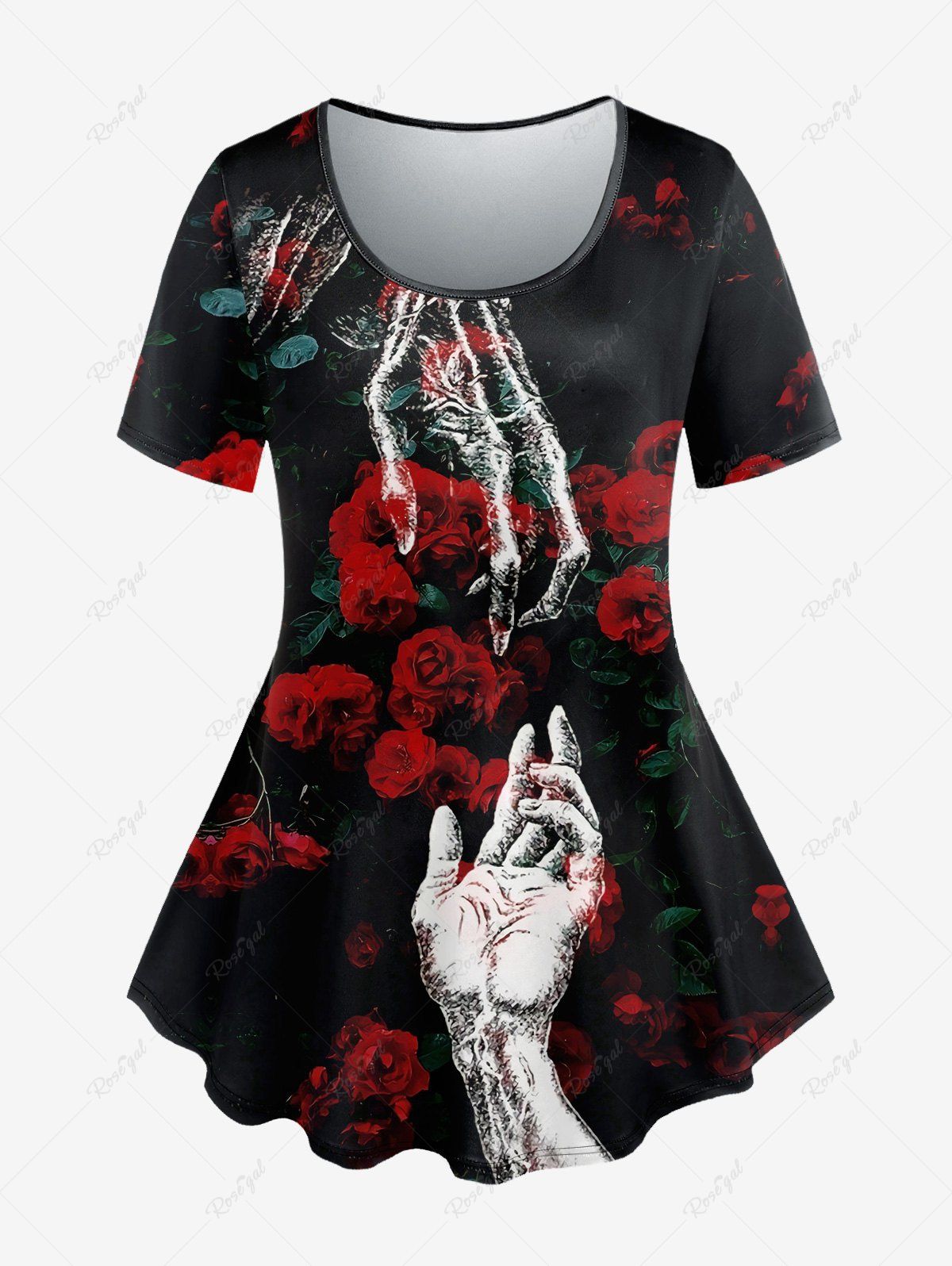 T-shirt Imprimé Rose Squelette Main à Manches Courtes Grande Taille Rouge 6X