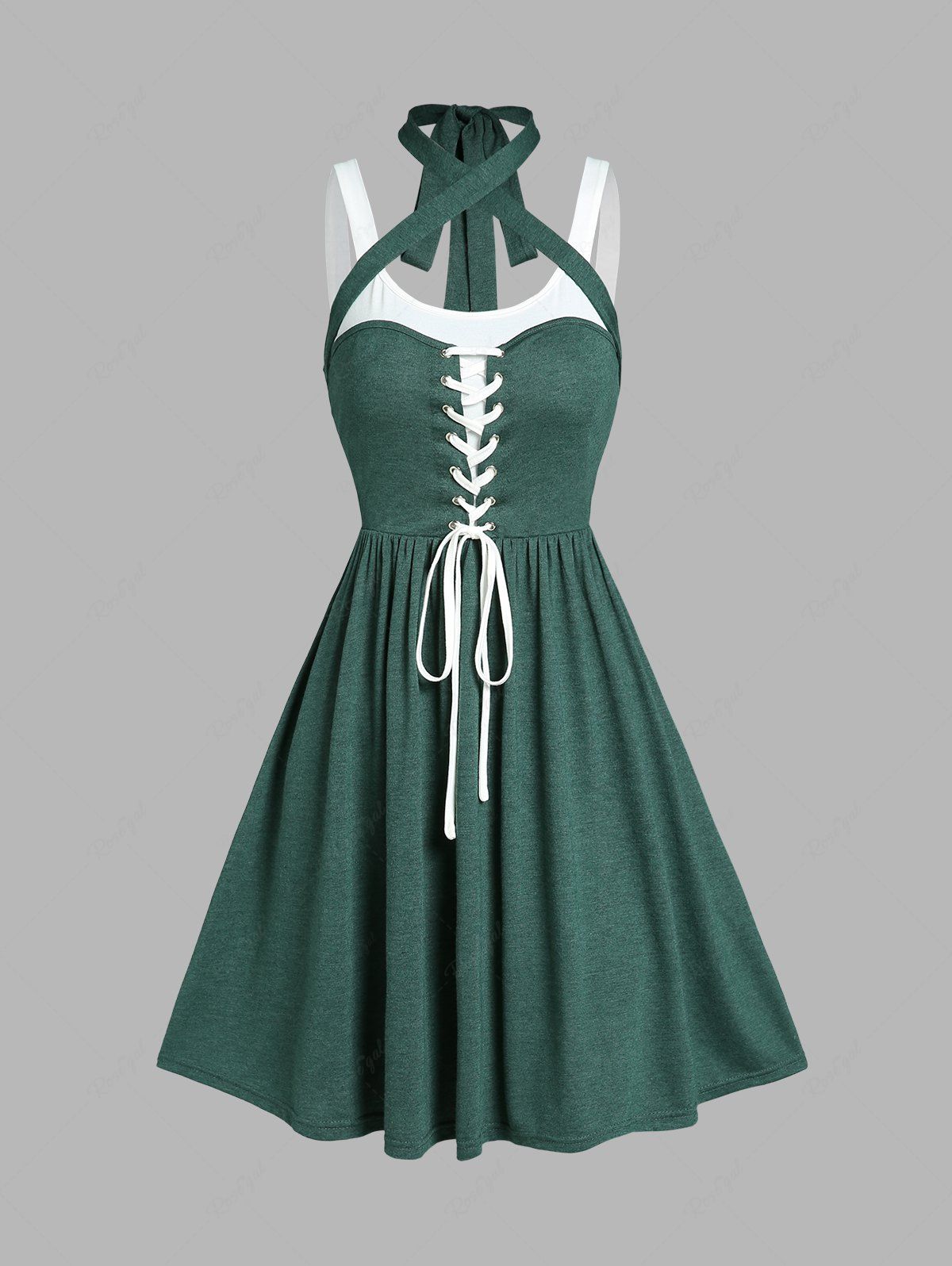 New Colorblock Lace Up Tied Heathered Halter Neck Casual A Line Dress  