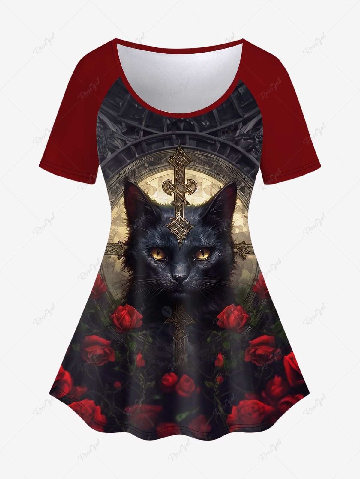 T-shirt Gothique Rose Chat Imprimés à Manches Courtes Rouge 4X